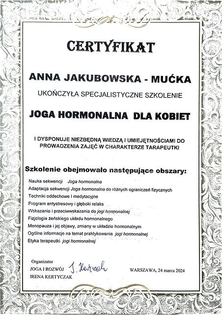 Certyfikat: Joga hormonalna dla kobiet