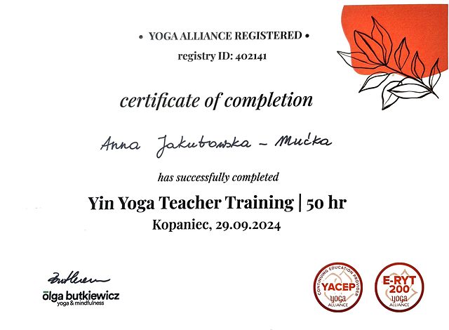 Certyfikat: Yin Yoga Teacher Training 50 h